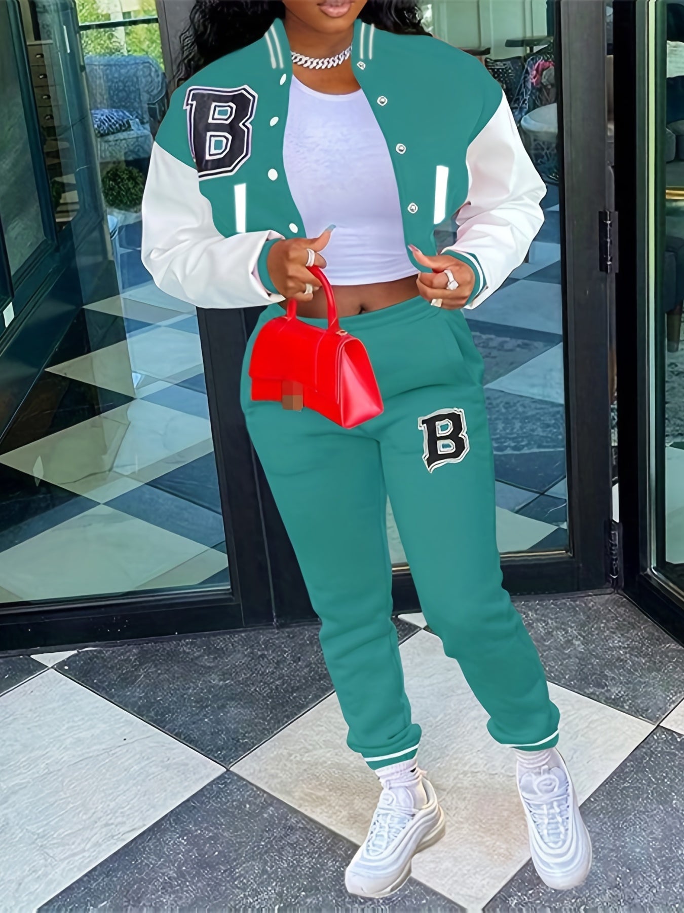 Sporty Chic, Women's Casual Letter Print Baseball Jacket and Pants Set - Red and White, Polyester Blend, Machine Washable, Fall/Winter Fashion Ensemble