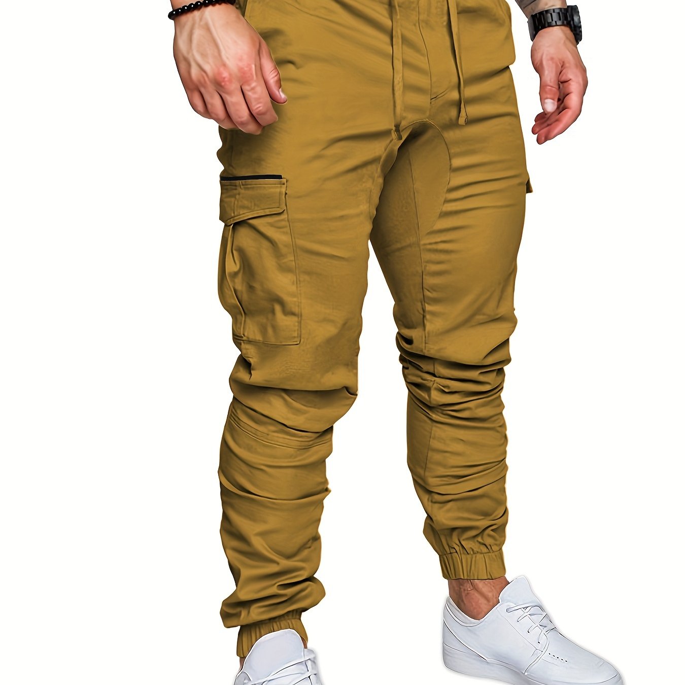 Mens Comfortable Woven Joggers with Flap Pockets - Stylish Cargo Pants for All-Season Outdoor Adventures - Adjustable Drawstring Waist