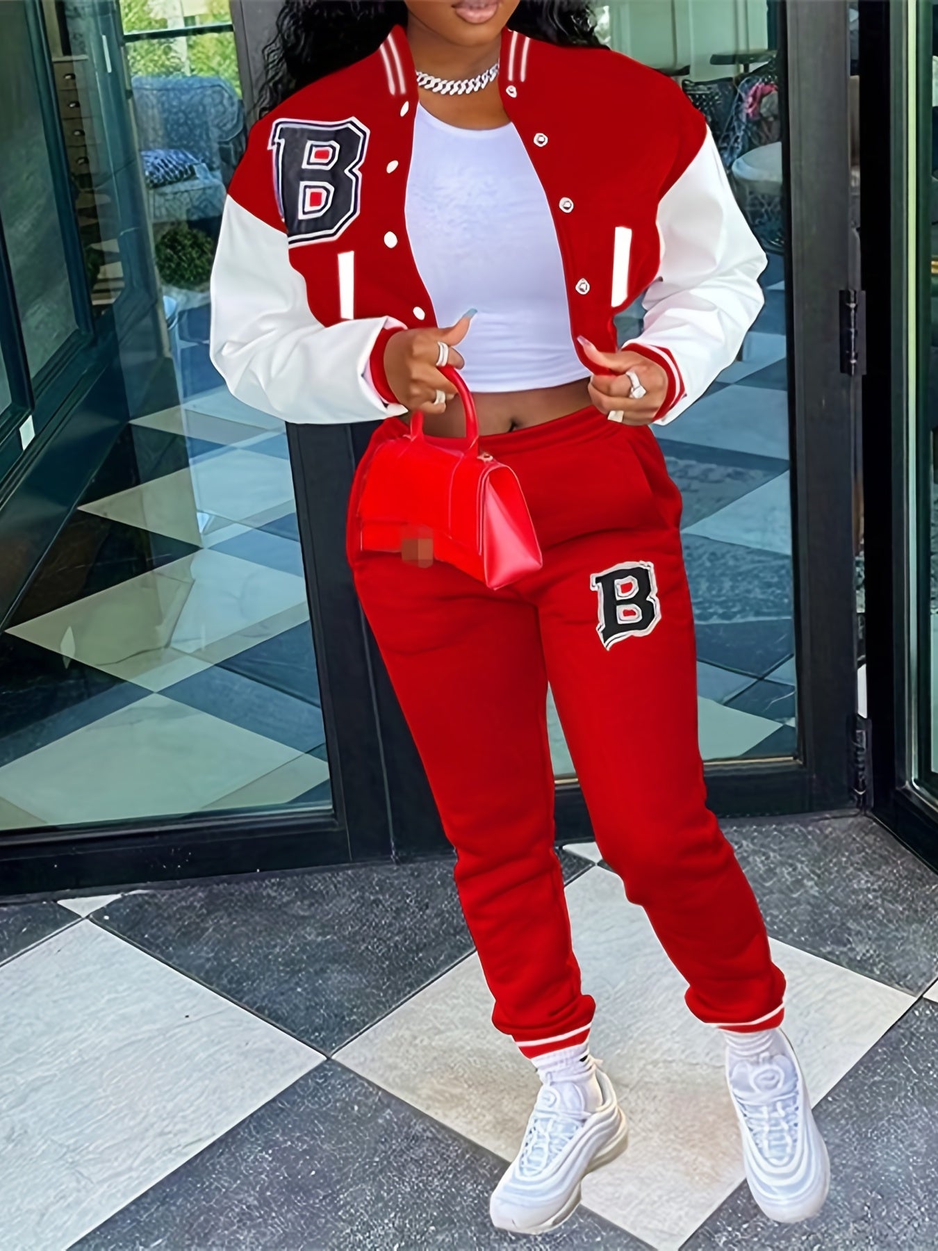 Sporty Chic, Women's Casual Letter Print Baseball Jacket and Pants Set - Red and White, Polyester Blend, Machine Washable, Fall/Winter Fashion Ensemble