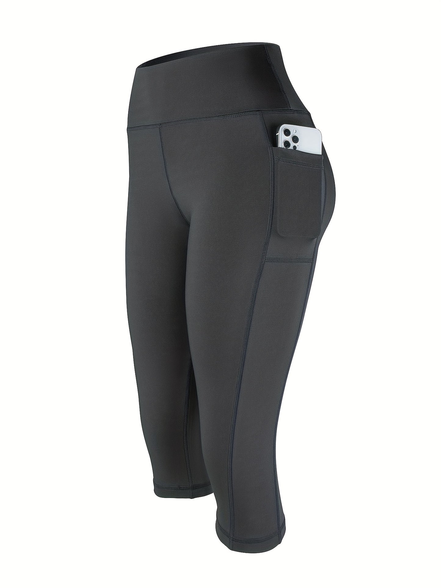 Sports Fitness Yoga Running Leggings, Printed Stitching Cropped Pants With Pockets, Women's Activewear