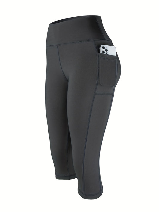 Sports Fitness Yoga Running Leggings, Printed Stitching Cropped Pants With Pockets, Women's Activewear