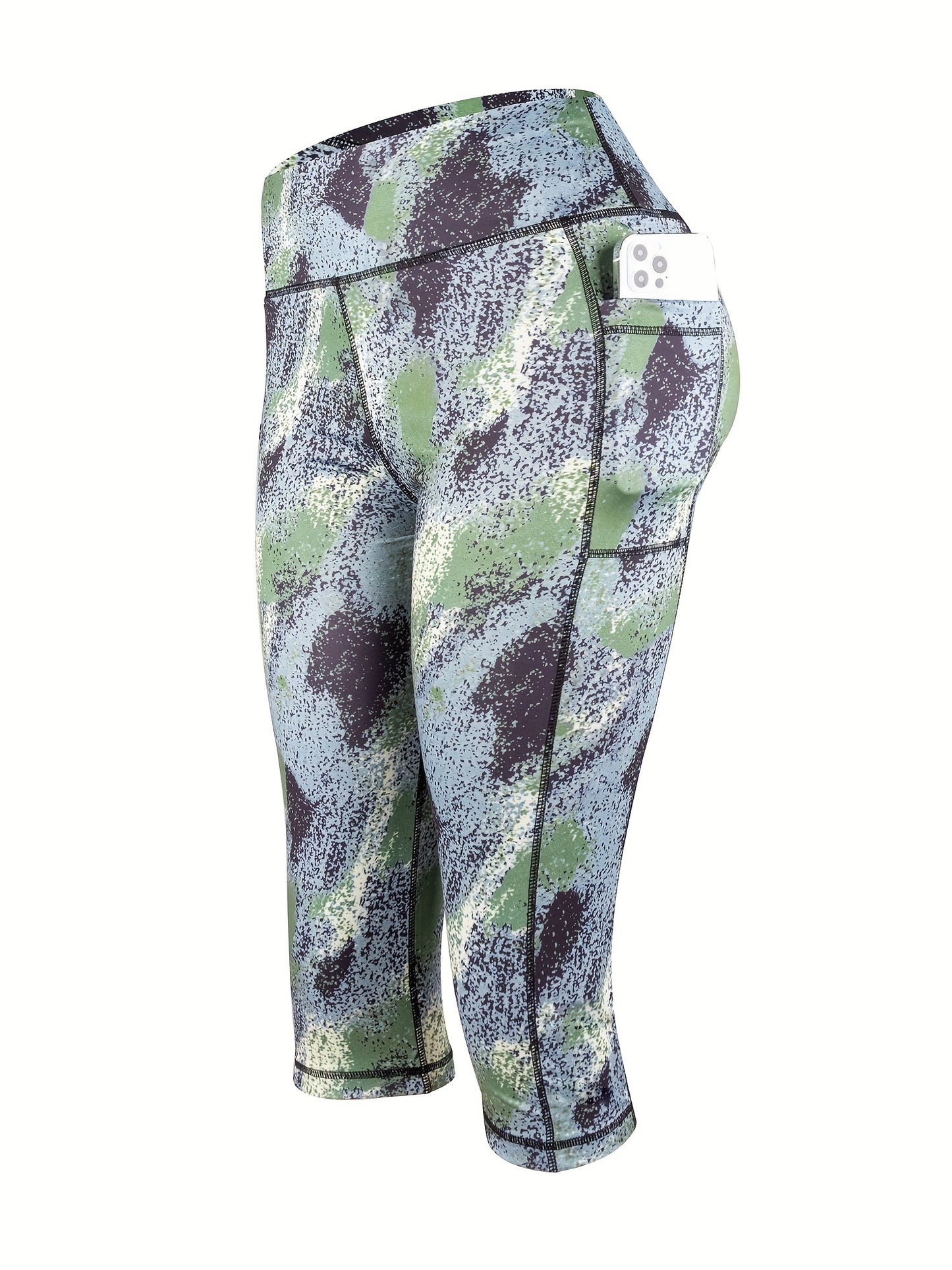 Sports Fitness Yoga Running Leggings, Printed Stitching Cropped Pants With Pockets, Women's Activewear