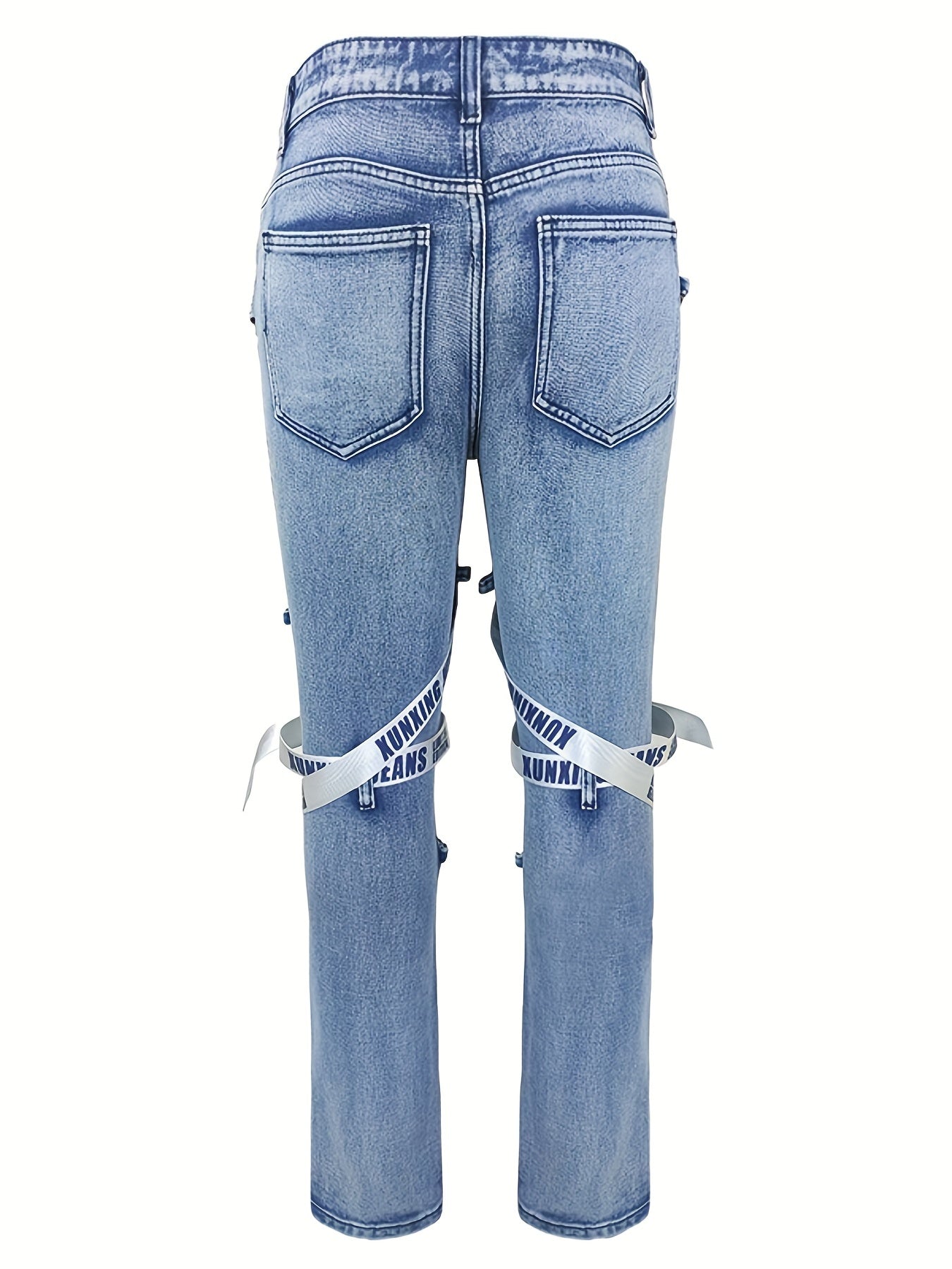 Stylish Bandage Accent Jeans - Men's Trendy Denim Pants for Spring Summer - Casual Street Style, Zipper Decor, Comfortable Fit, Fashionable Clothing for Men