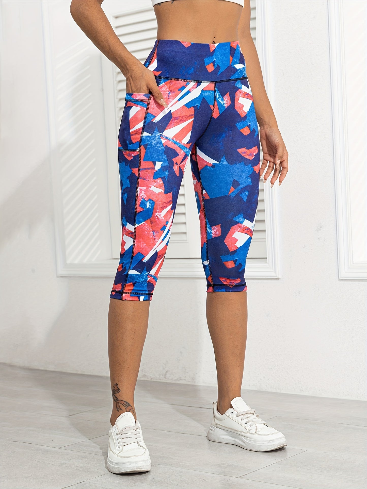 Sports Fitness Yoga Running Leggings, Printed Stitching Cropped Pants With Pockets, Women's Activewear