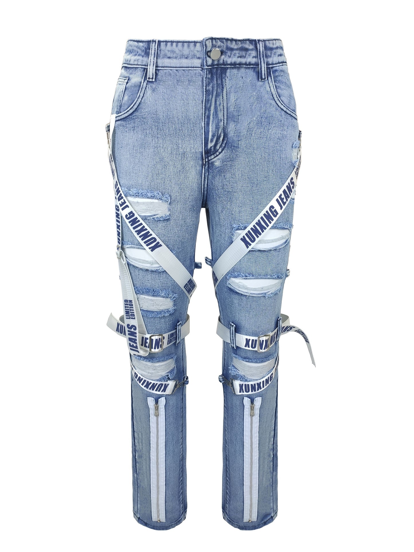 Stylish Bandage Accent Jeans - Men's Trendy Denim Pants for Spring Summer - Casual Street Style, Zipper Decor, Comfortable Fit, Fashionable Clothing for Men