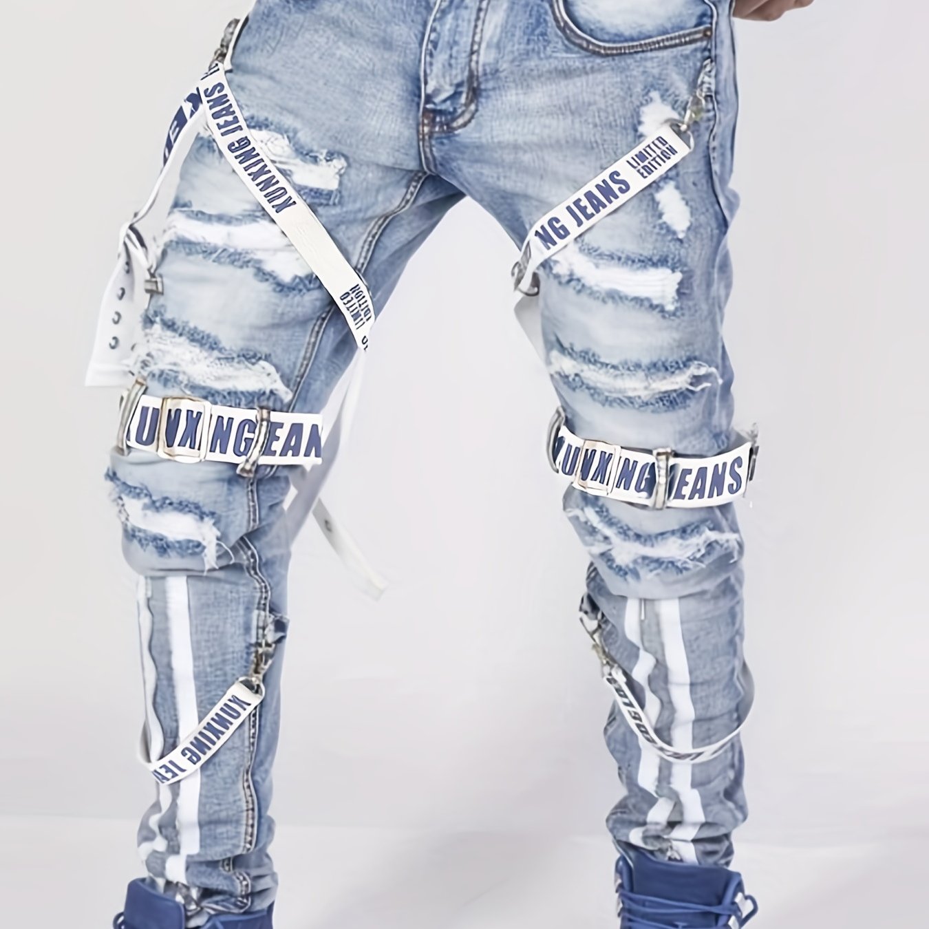 Stylish Bandage Accent Jeans - Men's Trendy Denim Pants for Spring Summer - Casual Street Style, Zipper Decor, Comfortable Fit, Fashionable Clothing for Men