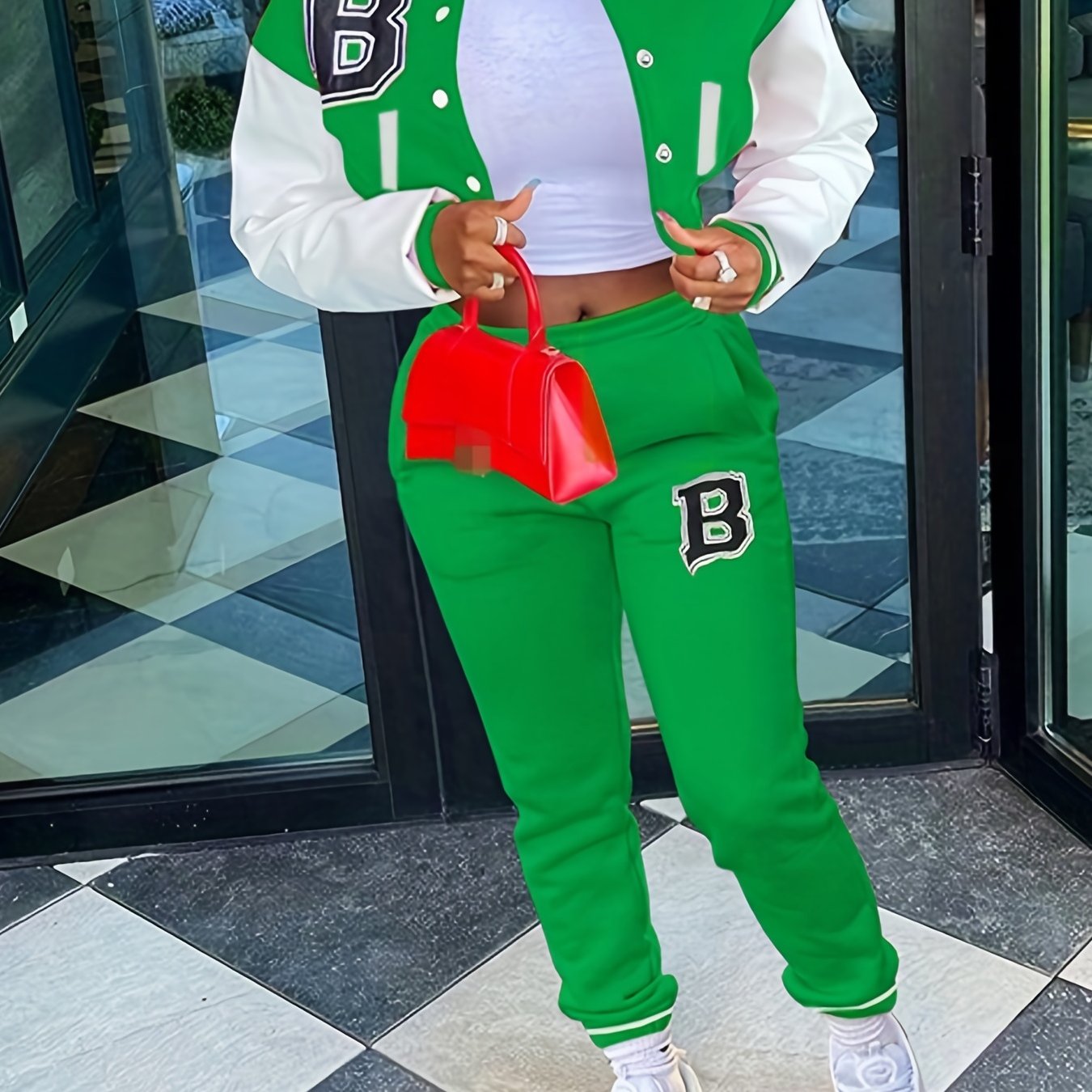 Sporty Chic, Women's Casual Letter Print Baseball Jacket and Pants Set - Red and White, Polyester Blend, Machine Washable, Fall/Winter Fashion Ensemble