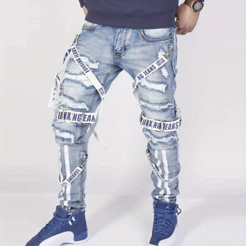 Stylish Bandage Accent Jeans - Men's Trendy Denim Pants for Spring Summer - Casual Street Style, Zipper Decor, Comfortable Fit, Fashionable Clothing for Men