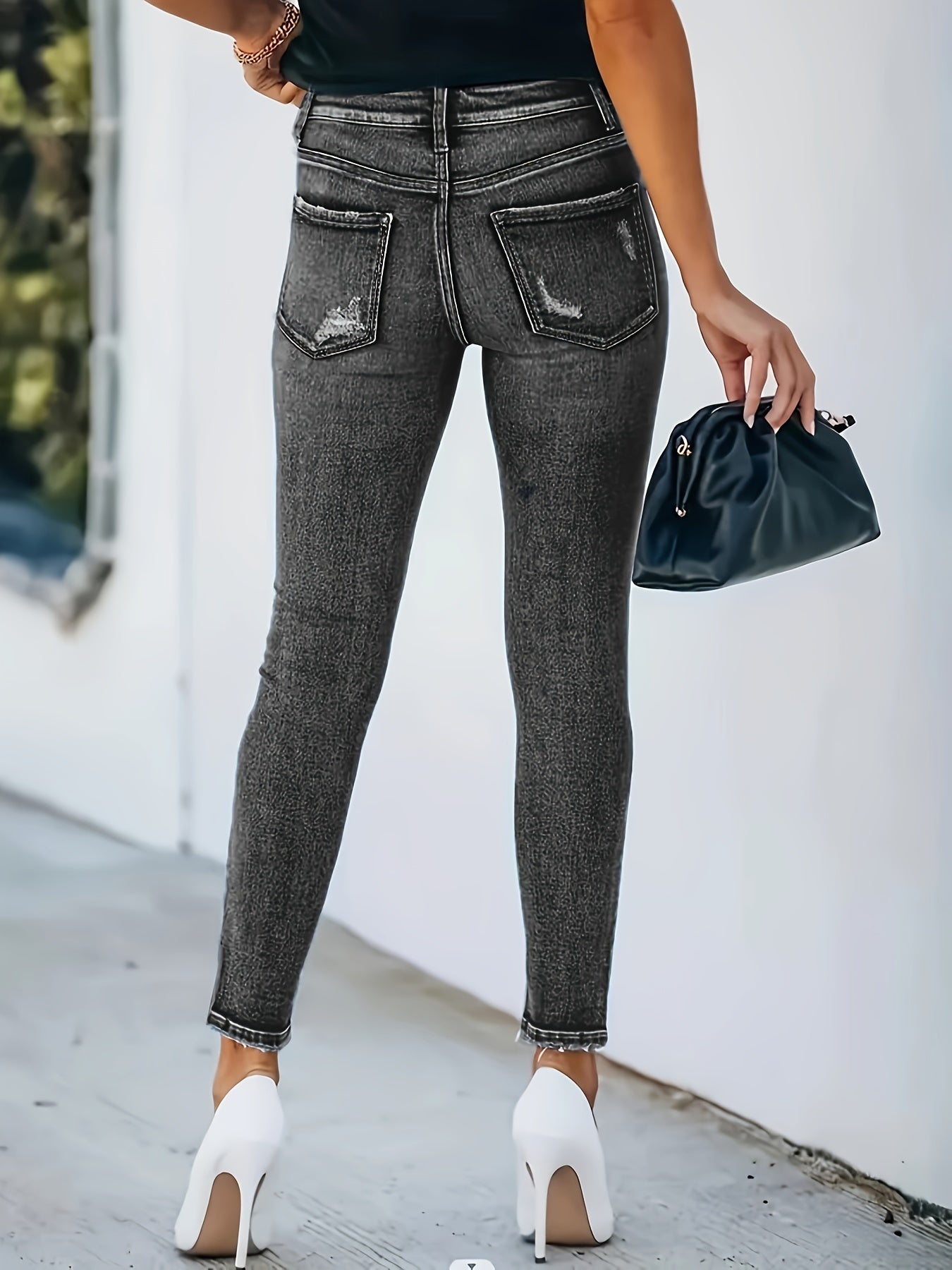 Single-breasted Ripped Whisker Skinny Jeans, Water Ripple Embossed Frayed Trim Stretchy Denim Pants, Vintage Elegant Style, Women's Denim Jeans & Clothing