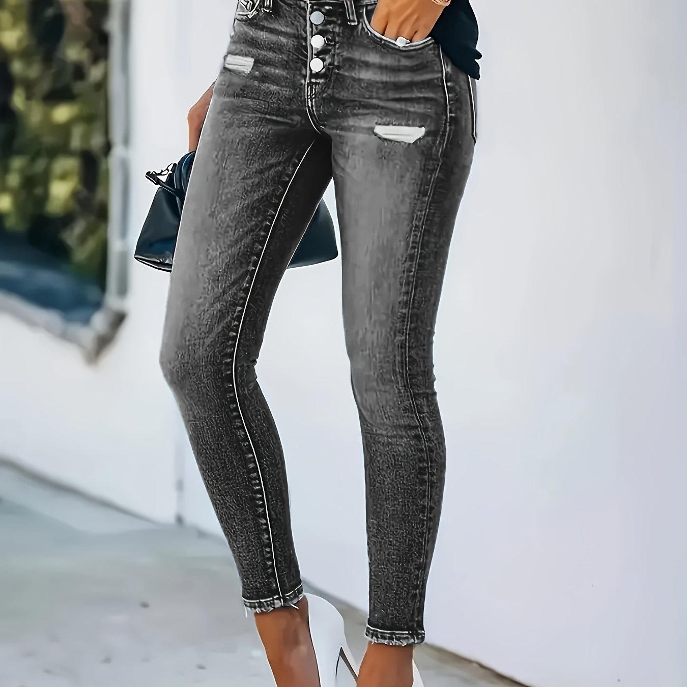 Single-breasted Ripped Whisker Skinny Jeans, Water Ripple Embossed Frayed Trim Stretchy Denim Pants, Vintage Elegant Style, Women's Denim Jeans & Clothing
