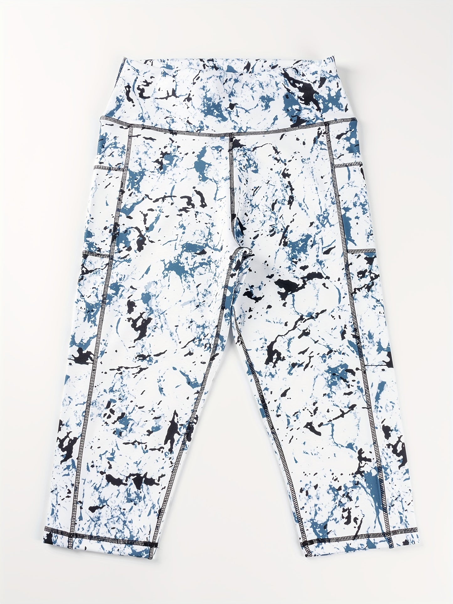 Sports Fitness Yoga Running Leggings, Printed Stitching Cropped Pants With Pockets, Women's Activewear