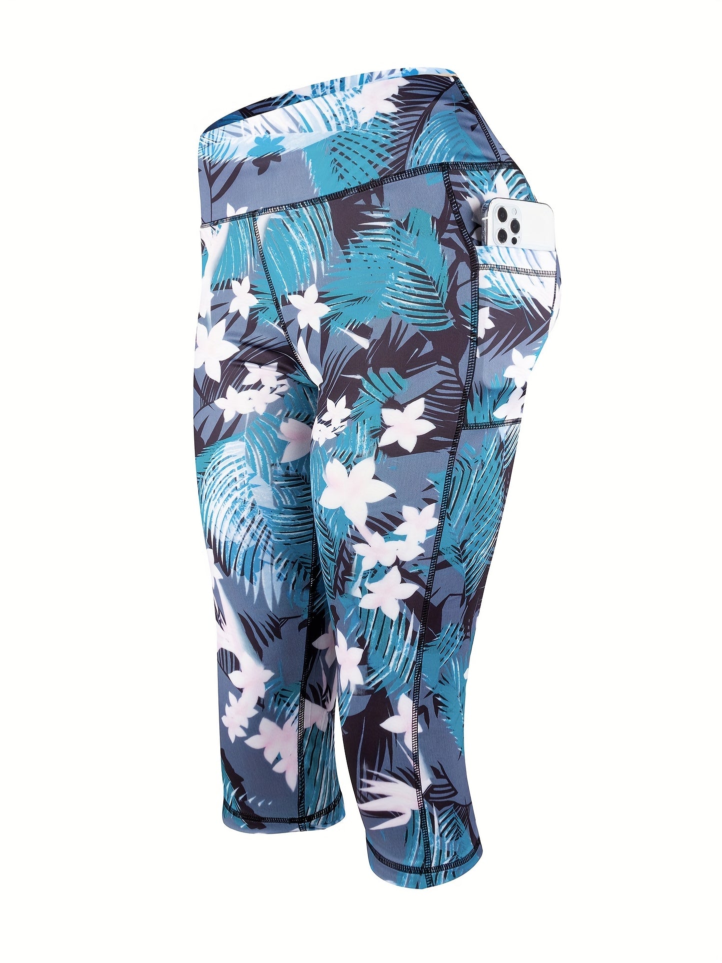 Sports Fitness Yoga Running Leggings, Printed Stitching Cropped Pants With Pockets, Women's Activewear