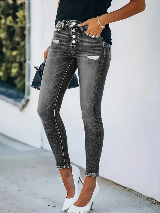 Single-breasted Ripped Whisker Skinny Jeans, Water Ripple Embossed Frayed Trim Stretchy Denim Pants, Vintage Elegant Style, Women's Denim Jeans & Clothing